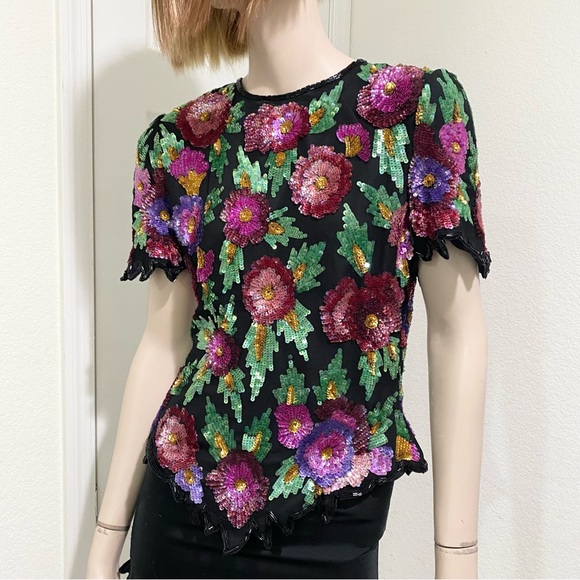 Vintage Laurence Kazar Heavily Beaded Sequin Floral Blouse Size M - Picture 2 of 16